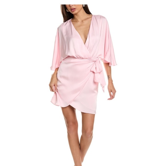 NWT Ramy Brook $445 Alexis Satin Faux Wrap Mini Dress Color Candy Pink - Size 4 - Picture 1 of 6